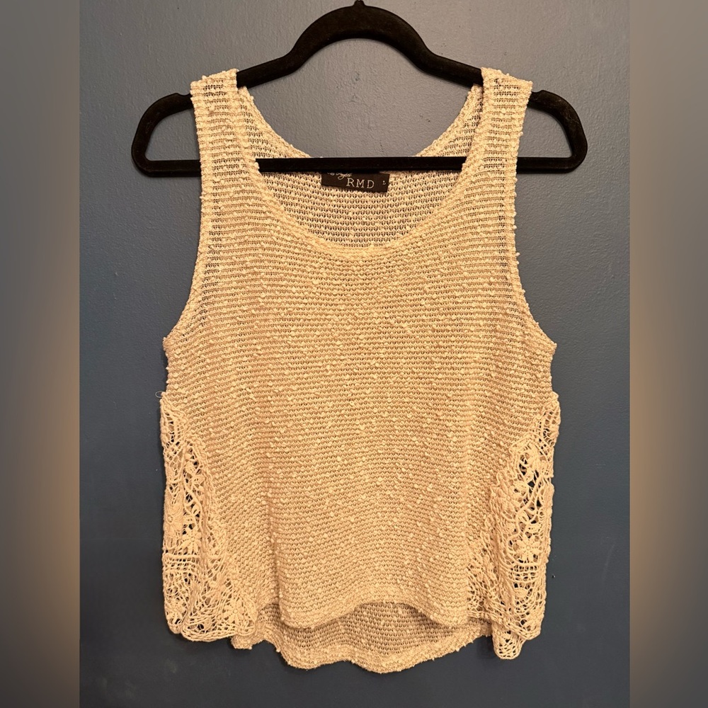 RMD Los Angeles Crochet Lace Knit Tank Top - Boho Festival Cream Shell - Large